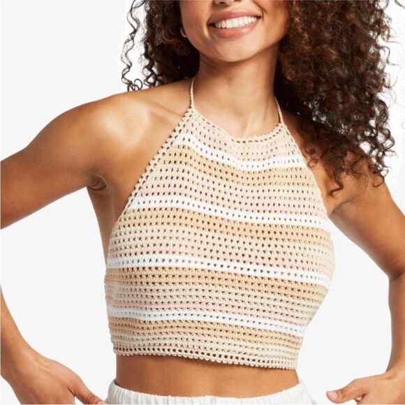 Roxy Daydreamer Crochet Knit Halter Top In Nude/Cream Stripes Size XS - Picture 1 of 9
